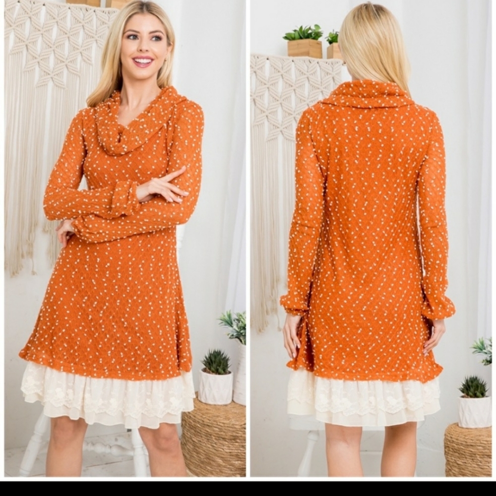 Rust Ivory Cowl Neck Dot tTextured, Ruffle Lace Bottom Long Sleeve Dress - Picture 3 of 5